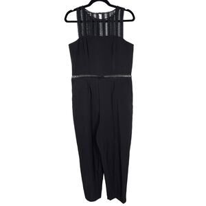 Bardot US 12 Black Lace Trim Jumpsuit Straight Legs Pockets Defined Waist Crew